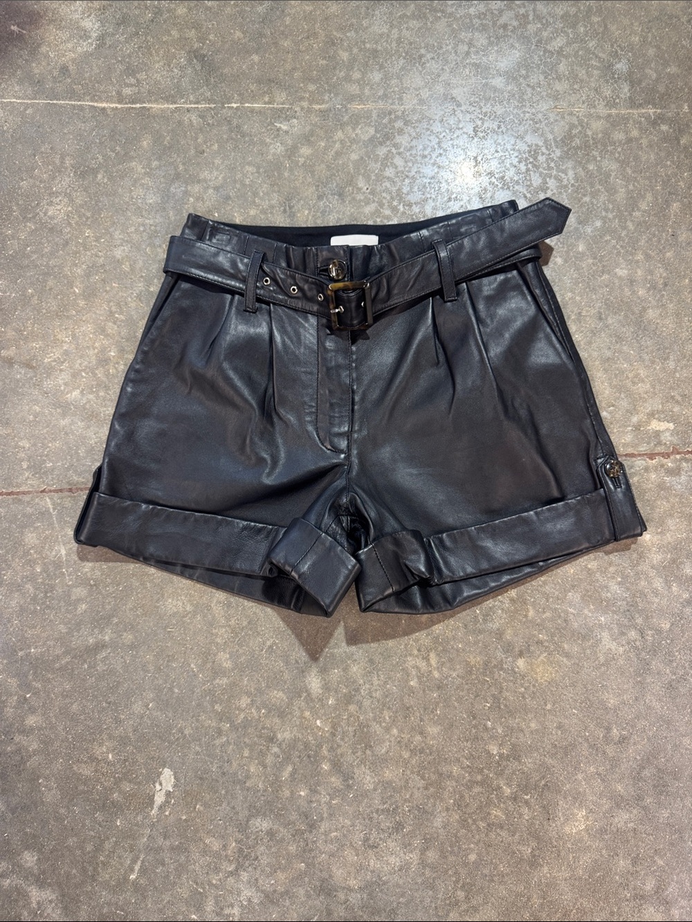 BLDWN Easton Black Real Leather High Rise Belted Shorts Size 6